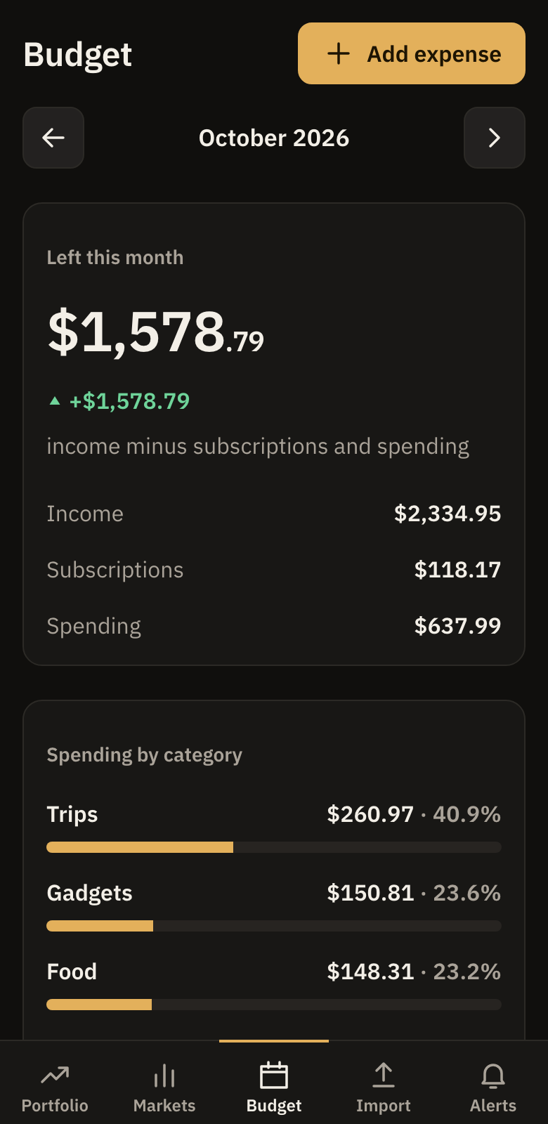 The Budget screen: monthly balance between income, subscriptions and spending, with spending by category