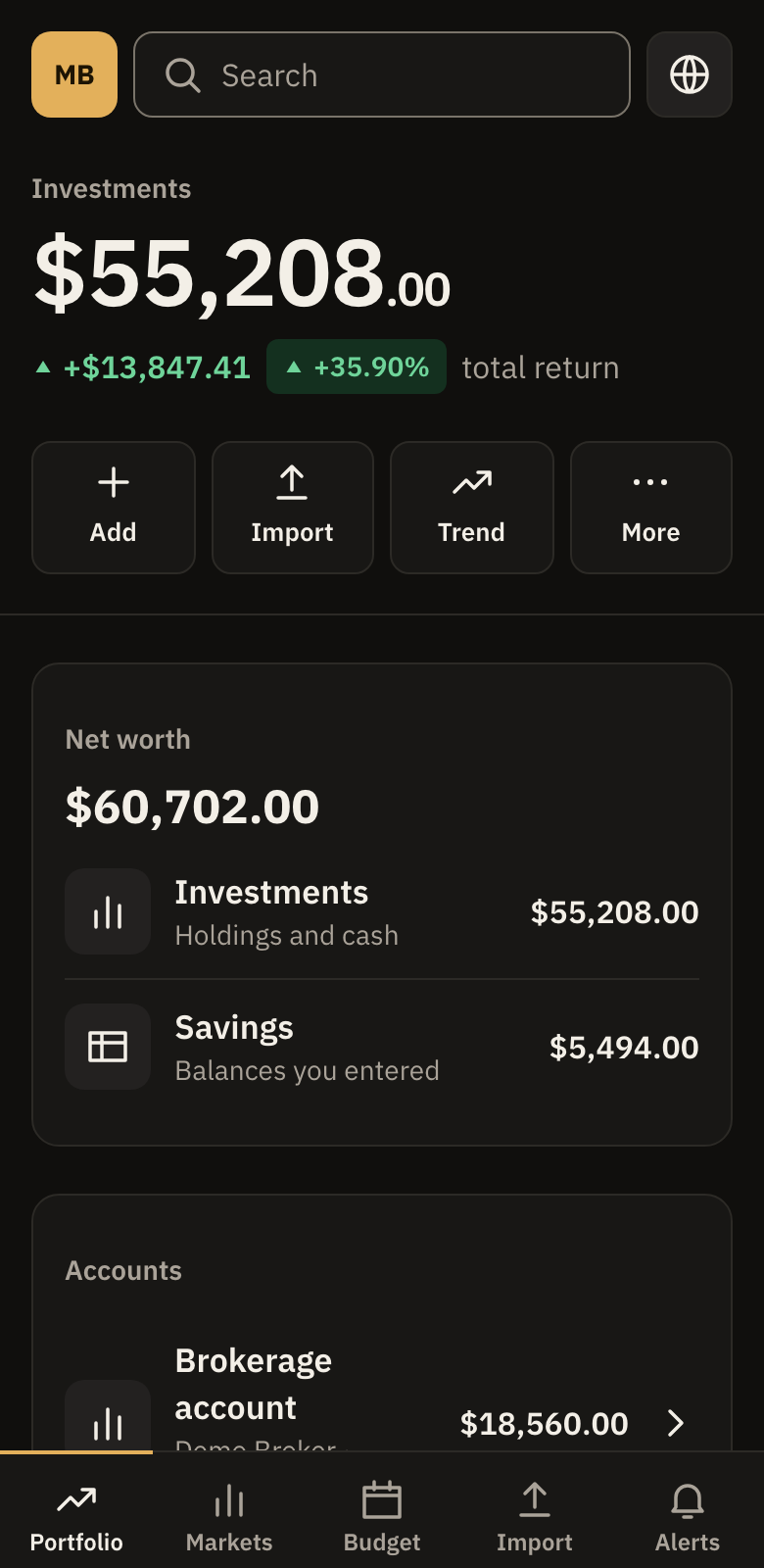 The Portfolio screen: investments value, total return, net worth and accounts